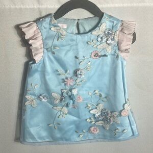 Choupette Girls Blue Pink Floral Embroidered Dress 92/56 (18-24M) Fancy Party